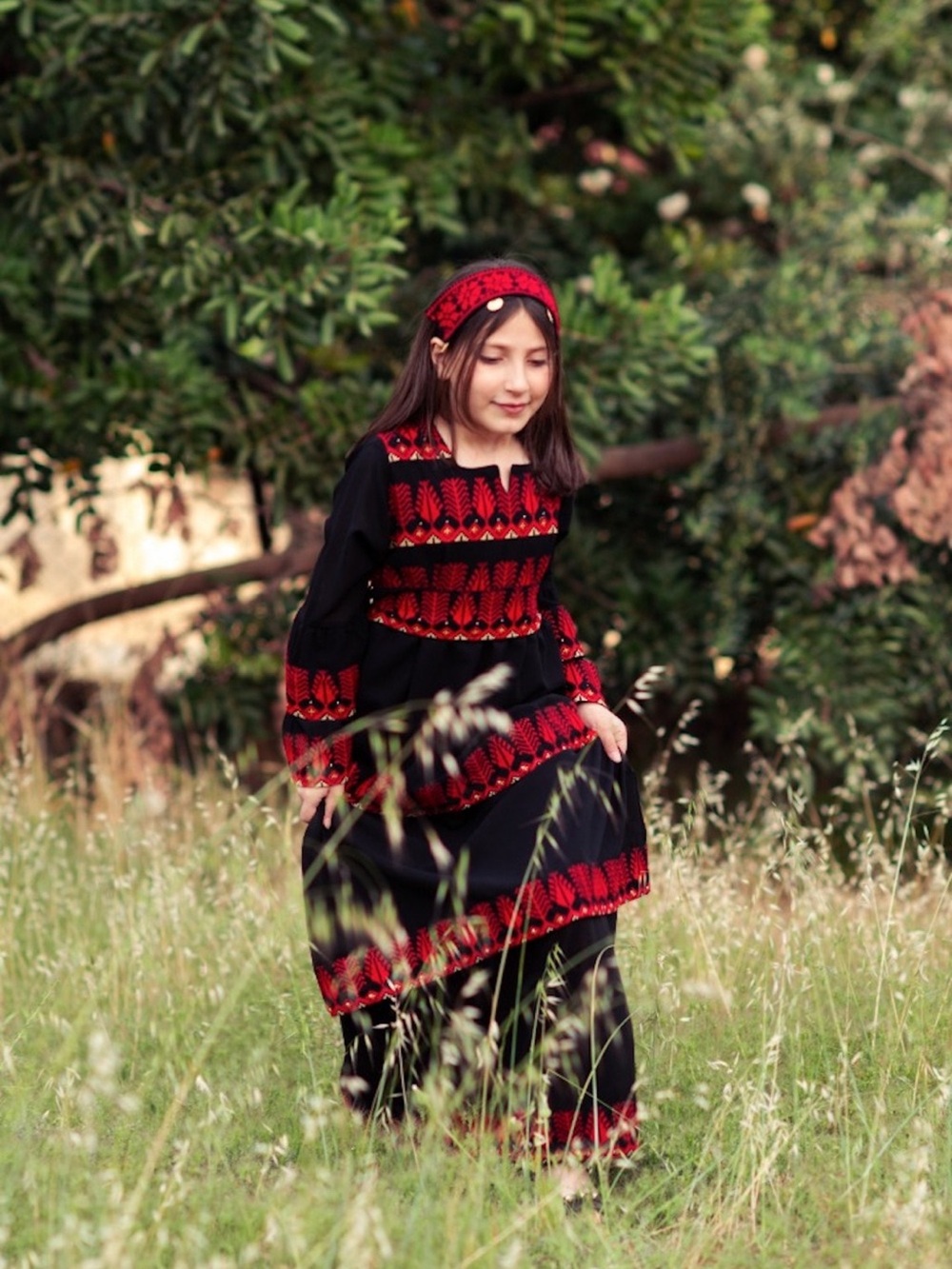 Black and Red Embroidered Palestinian Maxi Dress